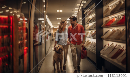Couple with dog exploring shoe store, warmly lit interior. 118118991