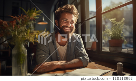 Smiling man with a beard sitting at a cozy cafe table by the window. 118118992