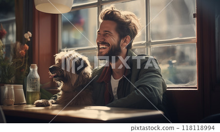 Man and dog enjoying a sunny moment at a cozy cafe. 118118994