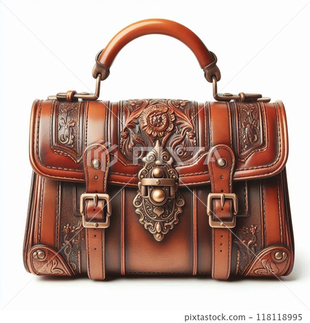 Ornately decorated leather handbag with intricate design elements. 118118995