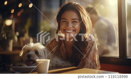 A joyful young woman with long hair, smiling brightly, sitting at a café table with a small fluffy dog 118118996