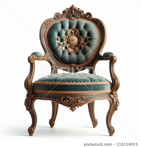 Elegant vintage armchair with floral upholstery on green background. Elegant vintage armchair with floral upholstery on green background. 118119053