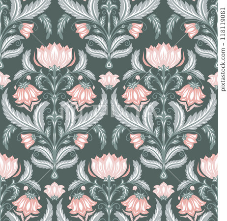 Vector ornate baroque floral pattern in pastel colors. Victorian damask texture with pink filigree flowers on dark background. 118119081