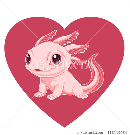 Vector clipart of cute cartoon pink axolotl in heart isolated from background. Valentines day card. Axolotl lover and keeper. 118119084