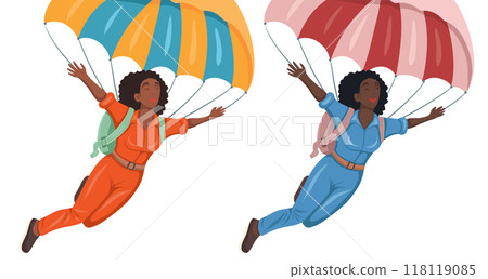 Vector set of clipart happy African women jumping with parachute isolated from background. Collection of flying training skydiver. Vector set of clipart happy African women jumping with parachute isolated from background. Collection of flying training skydiver. 118119085