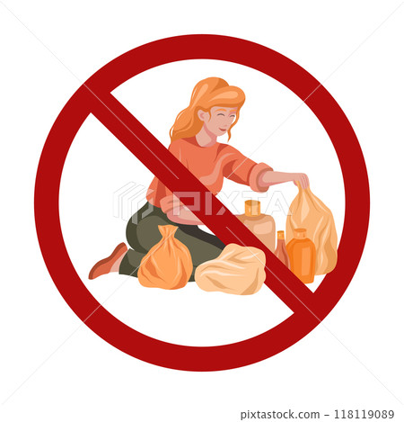 Sorting waste is prohibited. A woman sorts plastic into a forbidden sign isolated from the background. Sorting waste is prohibited. A woman sorts plastic into a forbidden sign isolated from the background. 118119089