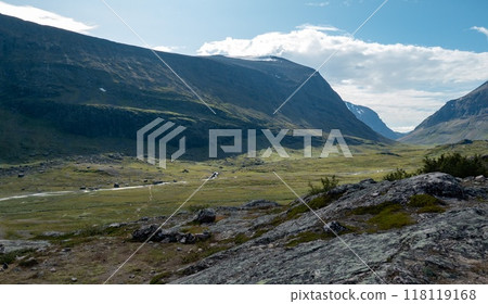 View of the river Laddjujohka, from Kebnekaise mountain station, Lapland, Sweden. View of the river Laddjujohka, from Kebnekaise mountain station, Lapland, Sweden. 118119168