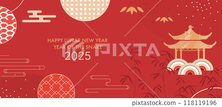 2025 Chinese New Year Banner with Golden Pagoda, Bamboo and Abstract Circle Patterns for Year of the Snake Celebration 2025 Chinese New Year Banner with Golden Pagoda, Bamboo and Abstract Circle Patterns for Year of the Snake Celebration 118119196