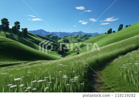 A beautiful summer or spring landscape with green grass on the hills and green fields. The blue sky is filled with white clouds and bright sunlight. Nature as a background. 118119282