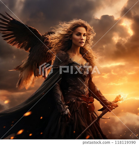 Angelic warrior with a majestic eagle in a fiery sunset sky 118119390