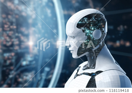 android robot works with computer and data against background of abstract digital space with holographic elements and lights, cyber future 118119418