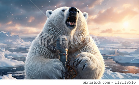 Polar bear singing into a vintage microphone in snowy landscape 118119510