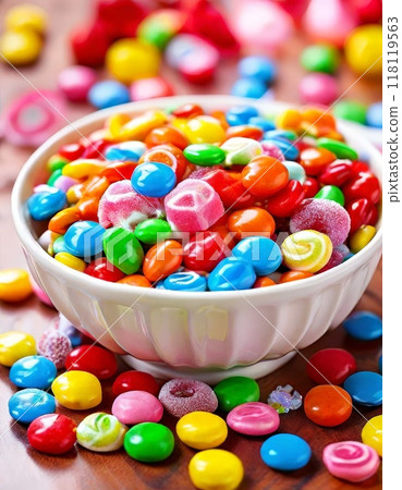 Colorful candy assortment in a white bowl 118119563