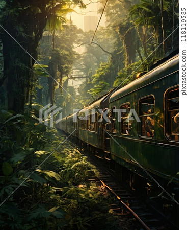 Train journey through dense rainforest at sunrise Train journey through dense rainforest at sunrise 118119585