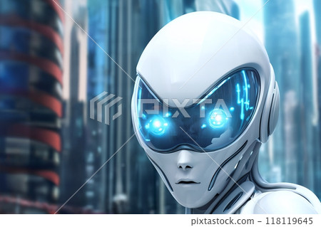 gynoid, a humanoid female android hybrid robot with a female face in a plastic helmet on the background of a futuristic city street, robotics concept 118119645