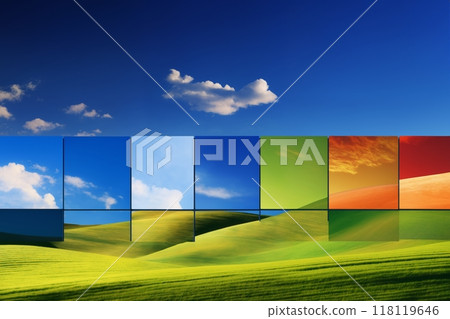 A beautiful summer or spring landscape with green grass on the hills and green fields, blue sky with white clouds. A series of pieces of landscape pictures in the center. 118119646