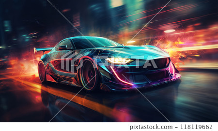 a modern high speed car rushes down the street of a night city, engulfed in flames or plasma, street lights, road, blurred motion 118119662