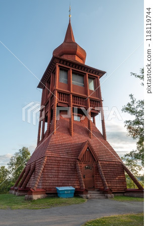 Belfry at the Church in Kiruna Norrbotten Sweden. This church is completely built of wood. Belfry at the Church in Kiruna Norrbotten Sweden. This church is completely built of wood. 118119744