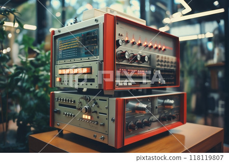 retro electronic device for industrial and scientific research and measurements, a close-up object in interior of expocenter 118119807