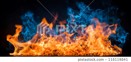 red and blue fire on a black background, burning and hot flames, close view 118119841