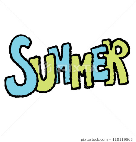 Hand drawn SUMMER letters in blue and green for font, typography, text, message, decoration, cute patches, shirt print, card, logo, sticker, icon, label, sign, symbol, trip, travel, vacation, break 118119865