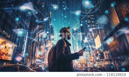 portrait of a man against the background of the night streets of a modern city, with lights and glow and digital ai elements 118119918