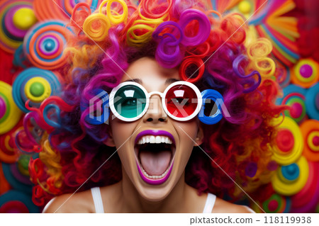 glamorous portrait of a woman with glasses, bright multicolored hair, with emotions and expression 118119938