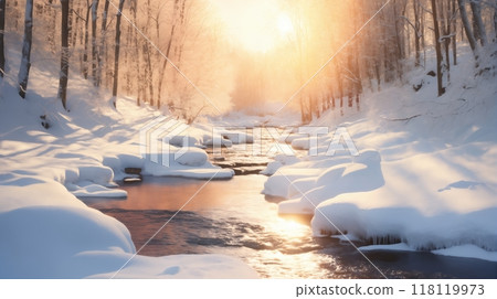 beautiful winter landscape, snow covered forest and brook at sunset, sunlight and beautiful nature 118119973