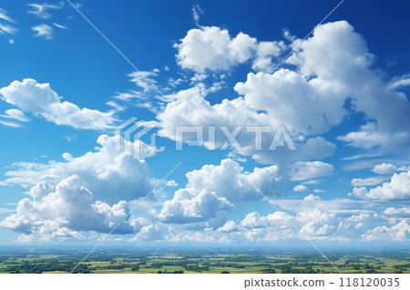 aerial view of beautiful landscape with blue sky, white cumulus clouds and plain with fields and trees for abstract background aerial view of beautiful landscape with blue sky, white cumulus clouds and plain with fields and trees for abstract background 118120035