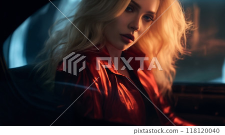 portrait of a girl sitting in a car, against the background of the night streets of a modern city, with lights and glow 118120040
