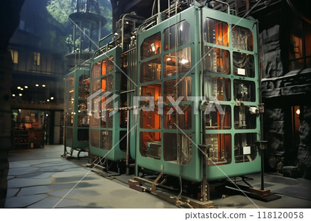 retro analog device for industry and scientific research and measurements, in interior of laboratory, concept of retro futurism lamp electronics 118120058