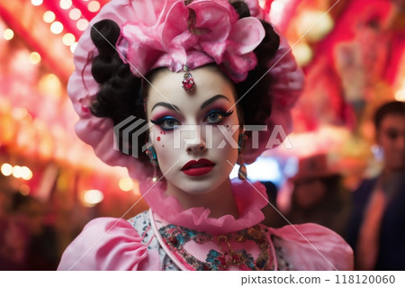 Portrait of a beautiful girl as a princess in a pink dress and crown, surrounded by illumination, night and lights, luxurious hairstyle, style and glamour, night amusement park, circus or carnival 118120060