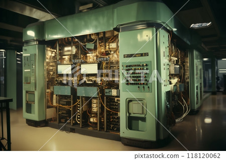 industrial data center, retro analog devices for industry and scientific research and measurements, in interior of laboratory, concept of retro futurism, lamp electronics 118120062