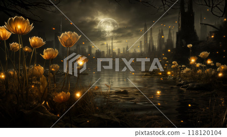 a beautiful summer landscape with glowing flowers and grass in a forest glade at night, moonlight, lake and beautiful nature 118120104