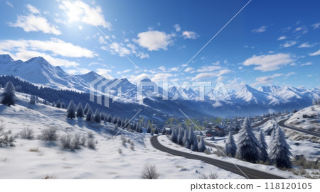 a road in front of mountains, beautiful winter landscape, blue sky and sunlight a road in front of mountains, beautiful winter landscape, blue sky and sunlight 118120105