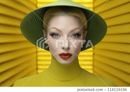 portrait of a young beautiful woman in a yellow hat and dress, studio photo of beauty, style and fashion 118120106