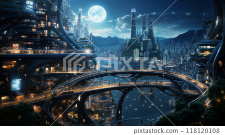 futuristic city streets in the late evening, building exteriors and bridges, roads and transport against the background of mountains and lakes, integration with nature futuristic city streets in the late evening, building exteriors and bridges, roads and transport against the background of mountains and lakes, integration with nature 118120108