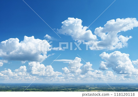 aerial view of beautiful landscape with blue sky, white cumulus clouds and plain with fields and trees for abstract background 118120118