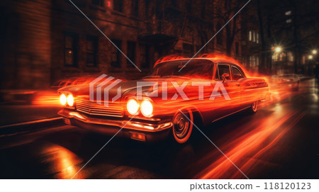 a vintage car on the street of a night city, in flames or plasma, street lights, road 118120123