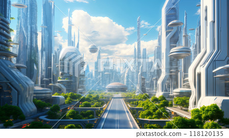 Futuristic metropolis, panoramic view of transport highways and skyscrapers, blue sky and bright sunny day 118120135