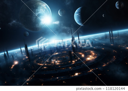 space station on the background of the planet and space, futuristic cities and technologies, exploration and exploration of galaxies 118120144