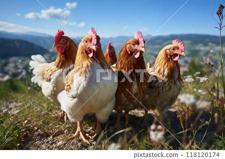 Portrait of chickens on a green grass meadow in mountains, bright sunny day, on a ranch in the village, rural surroundings on the background of spring nature 118120174
