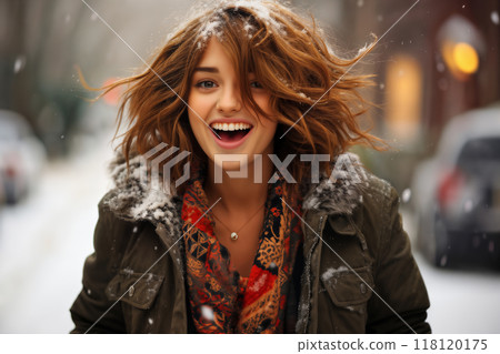 Portrait of a girl on a city street in winter Portrait of a girl on a city street in winter 118120175