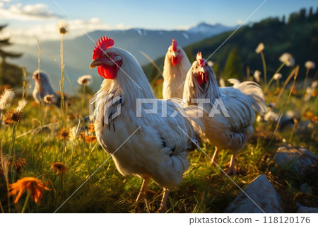 Portrait of chickens on a green grass meadow in mountains, bright sunny day, sunset, on a ranch in the village, rural surroundings on the background of spring nature 118120176