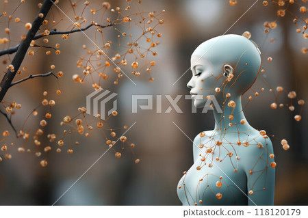 woman as biorobot against the background of molecular structures and tree branches in space as symbiosis of future technologies and nature, concept of cybernetics, biomechanics and robotics 118120179