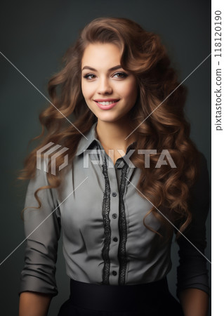 portrait of a young beautiful woman with long curly hair, close-up face, on a dark background, studio beauty photo, style and fashion 118120190