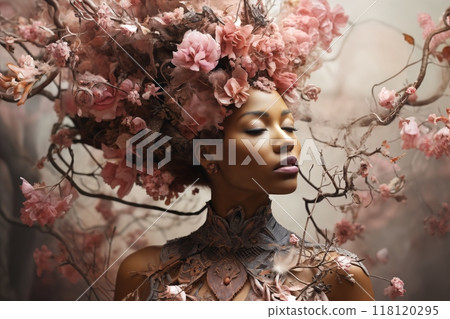 portrait of a woman in a beautiful dress, against a background of flowers and branches, art abstraction, style and fashion 118120295