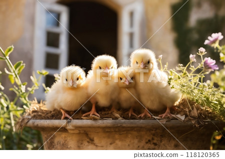 Small chickens against the background of spring nature on Easter, in a bright sunny day at a ranch in a village. 118120365