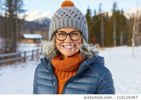 Portrait of an adult woman in the winter air, against the background of a ranch in the mountains in the forest, winter outdoor leisure 118120367