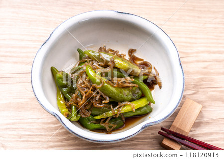 Fushimi chili peppers and dried small sardines sauteed together Fushimi chili peppers and dried small sardines sauteed together 118120913